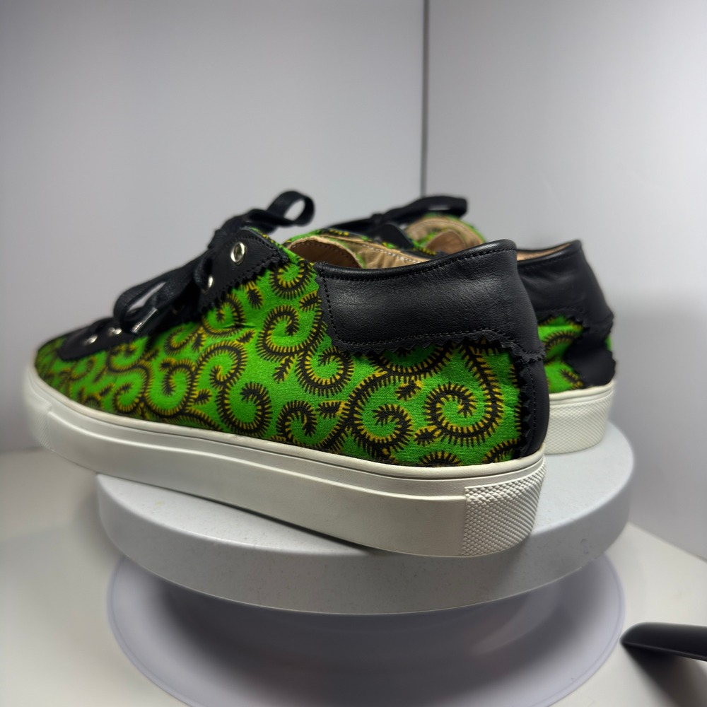 Kamod African Sneakers Low Top Green Swirl Print Black Leather Lace Up Mens 9.5 - Picture 4 of 14